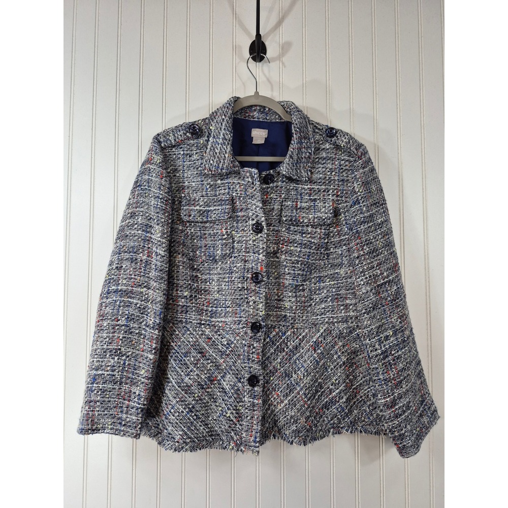 Chicos Blue Multi Color Boucle Tweed Peplum Jacket Metallic Fringe Size 3P/16P